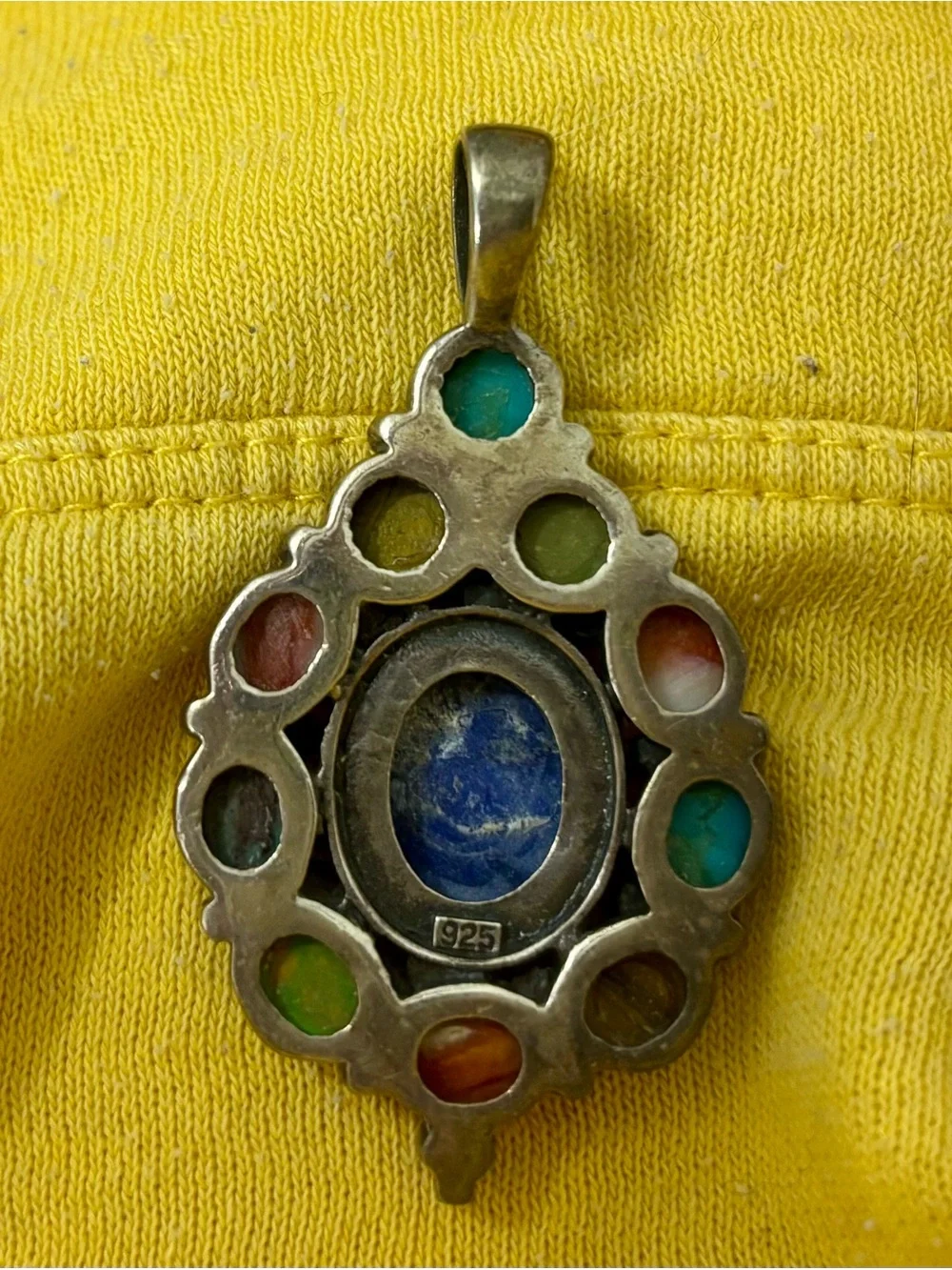 Navajo Silver Pendant with Lapis, Coral, Tiger’s Eye, and Mojave Turquoise - Picture 3 of 3